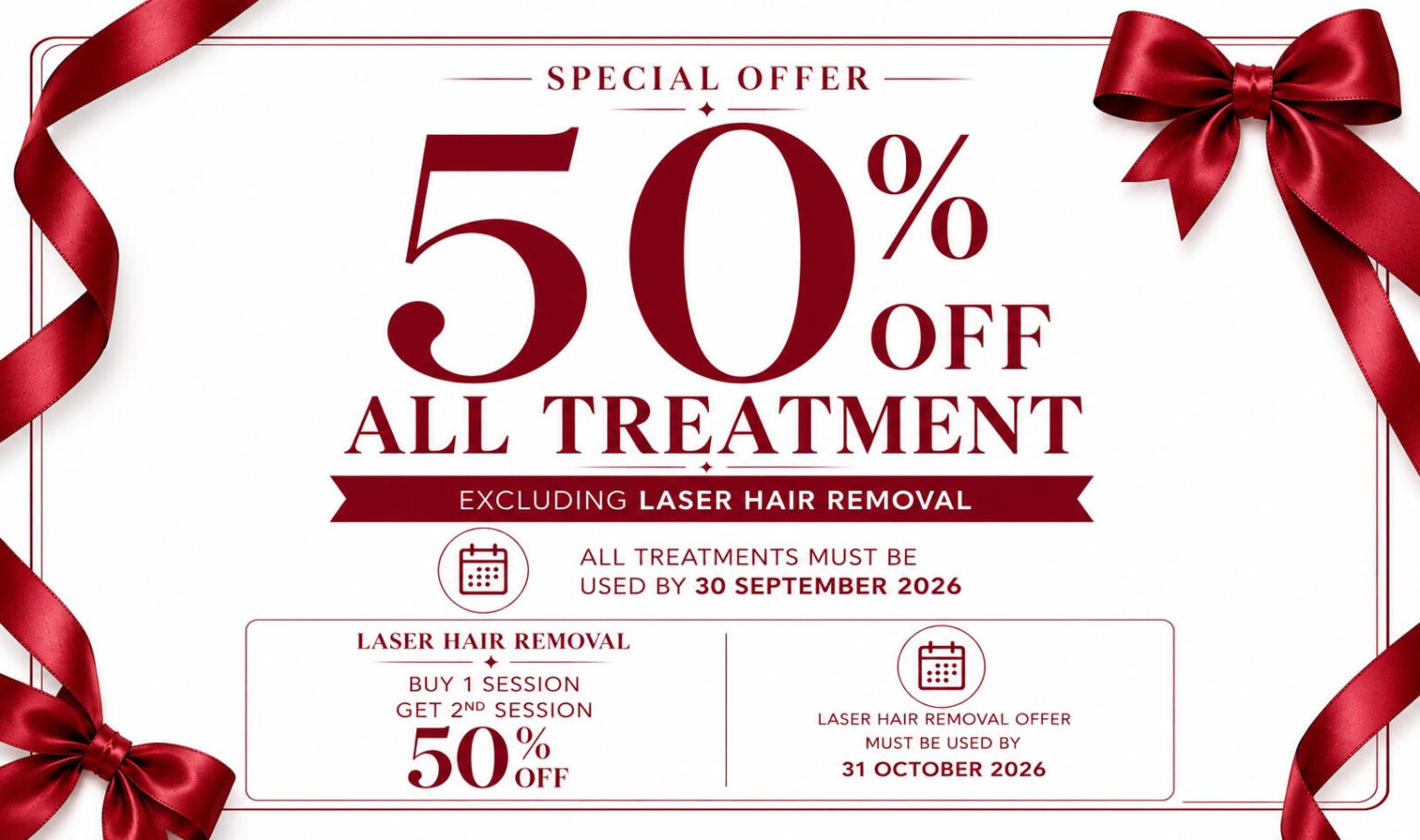 Plush September offer, 50% off all treatments except for laser hair removal