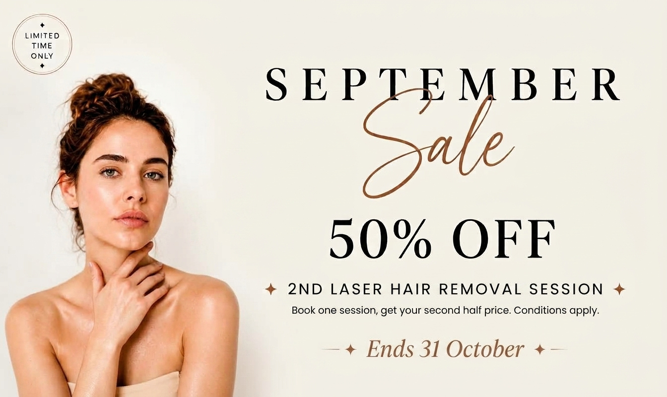 September Sale at Plush Laser Clinic Burwood: book one laser hair removal session, get your second at 50% off. Ends 31 October.